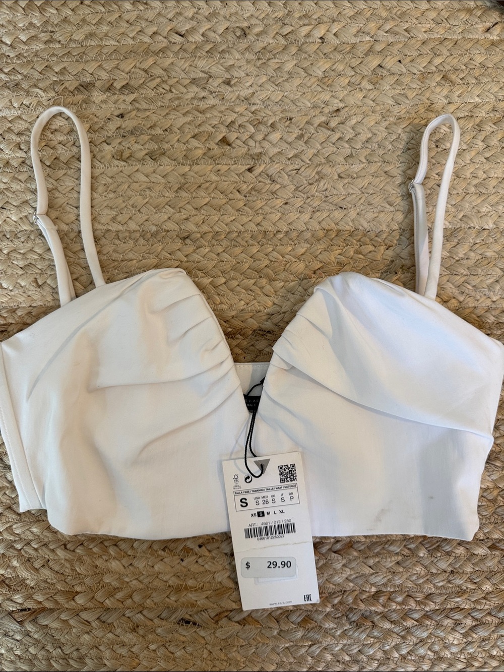 NWT: Zara White Cropped Bra Top with Adjustable Straps, Side Zip, Boning, sz Sm